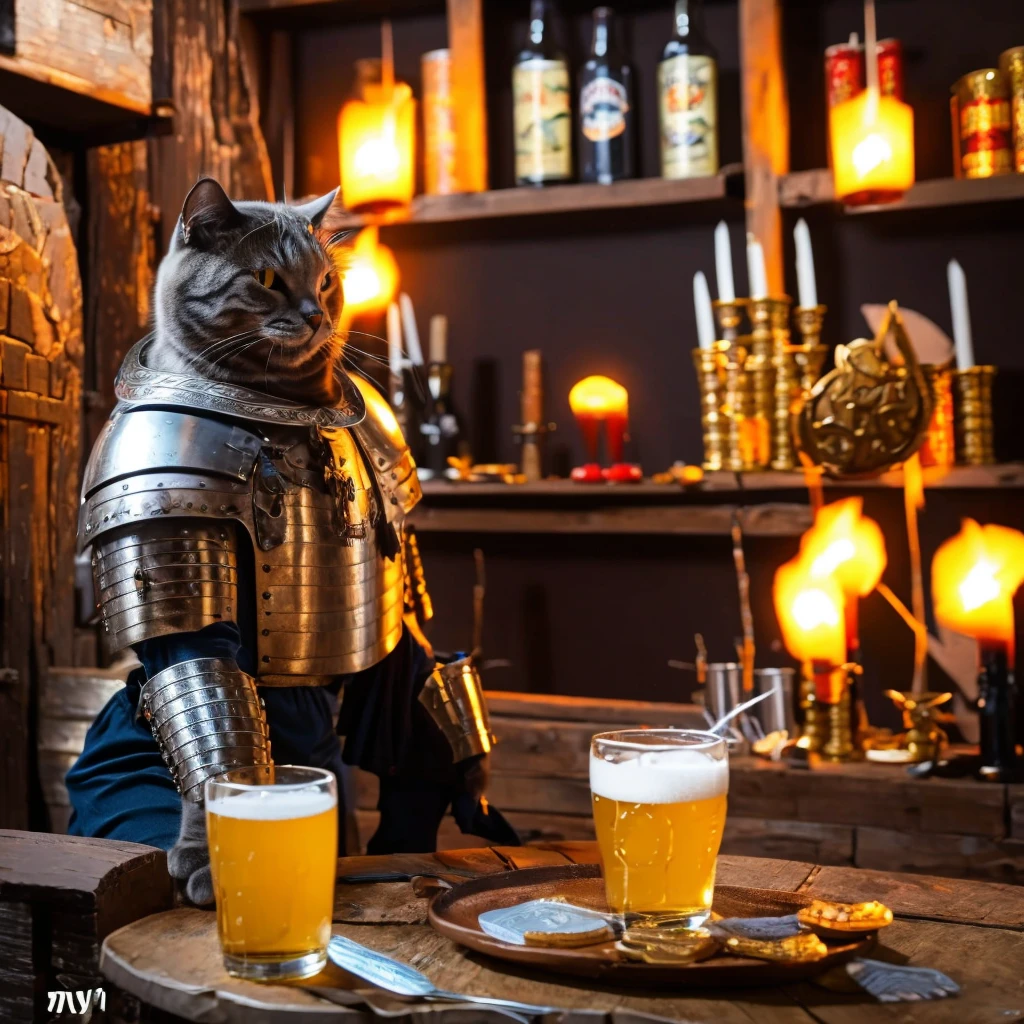 Cat in armor, I have an ale in my hand, Cheers, looks fun