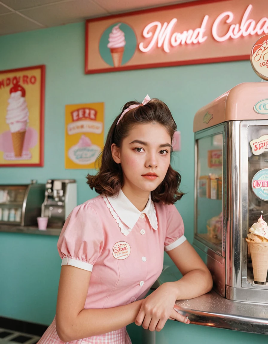Portrait MagMix Girl looks at the camera, wide, mono, Retro ice cream parlor with pastel colored walls, a classic soda fountain counter, and vintage ice cream posters, bathed in warm sunlight, analog film photo, kodacromo.