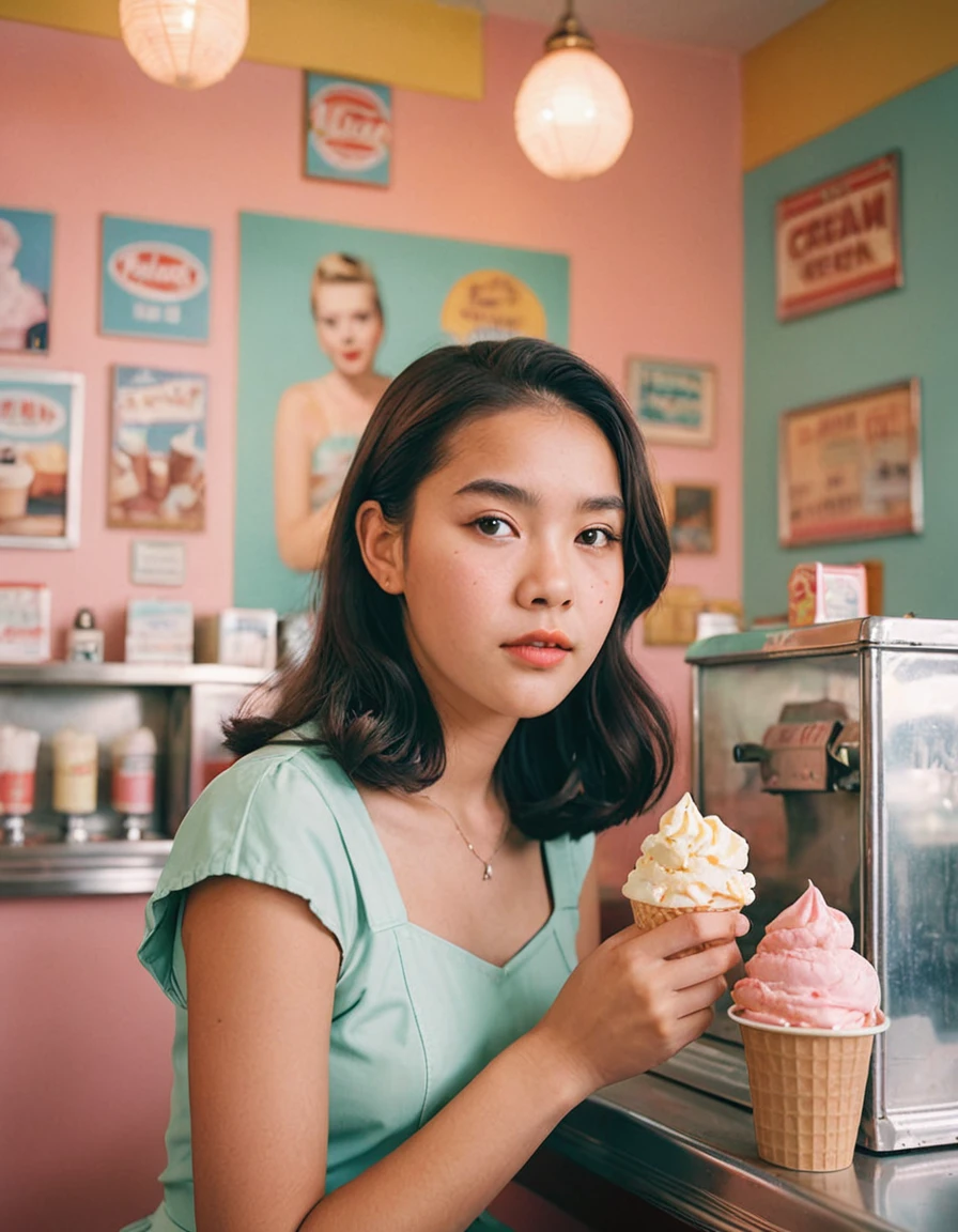Portrait MagMix Girl looks at the camera, wide, mono, Retro ice cream parlor with pastel colored walls, a classic soda fountain counter, and vintage ice cream posters, bathed in warm sunlight, analog film photo, kodacromo.