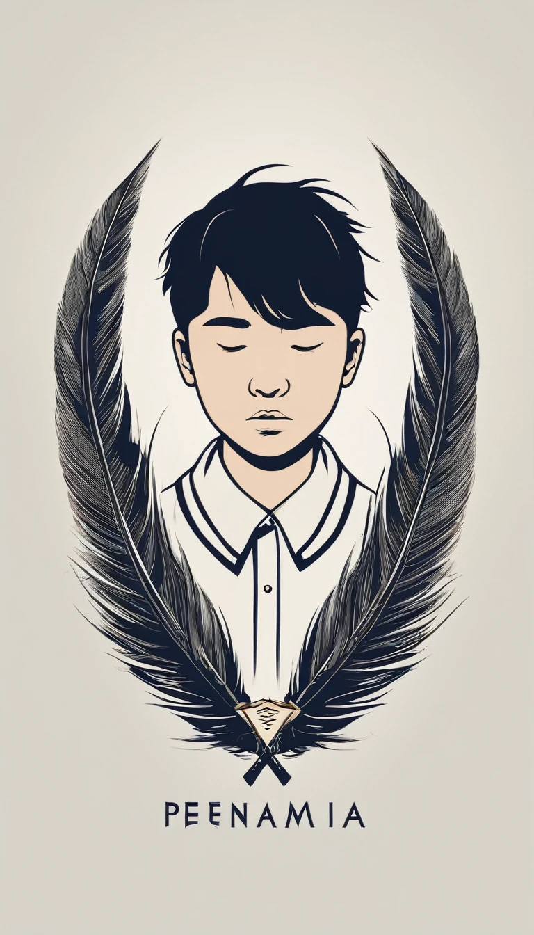 A minimal, modern, simple, cinematic logo design e of a boy with a head full of feathers for the brand “Penamemoria" .