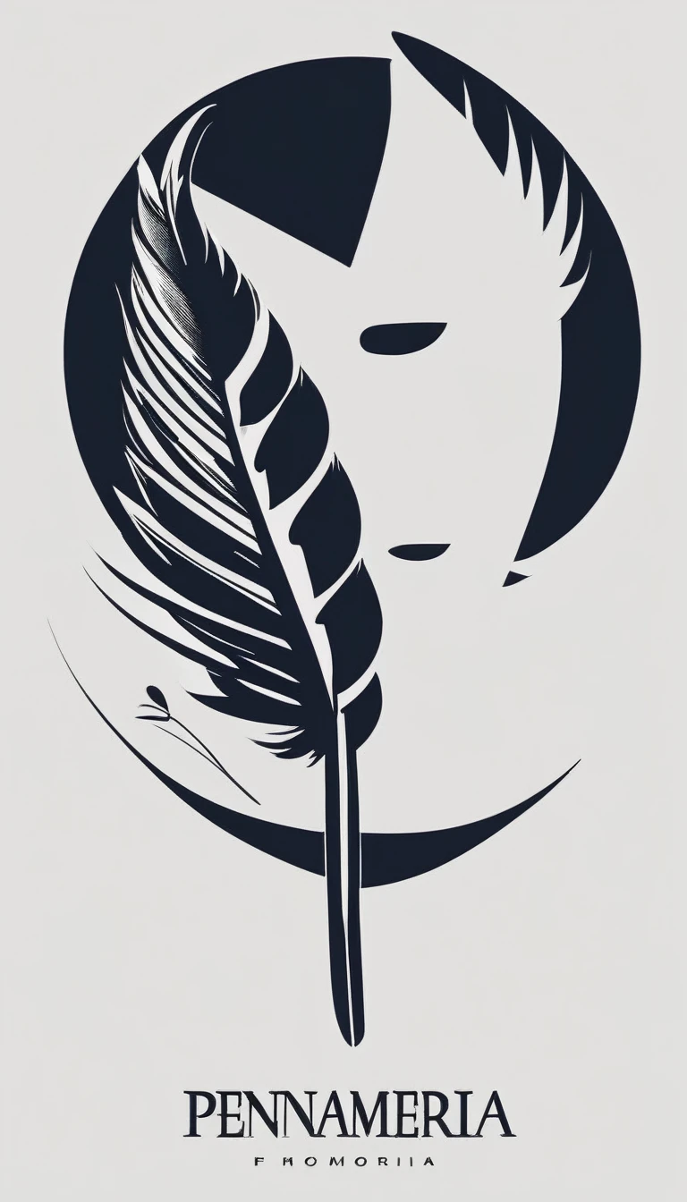 A minimal, modern, simple, cinematic logo design e of a boy with a head full of feathers for the brand “Penamemoria" .