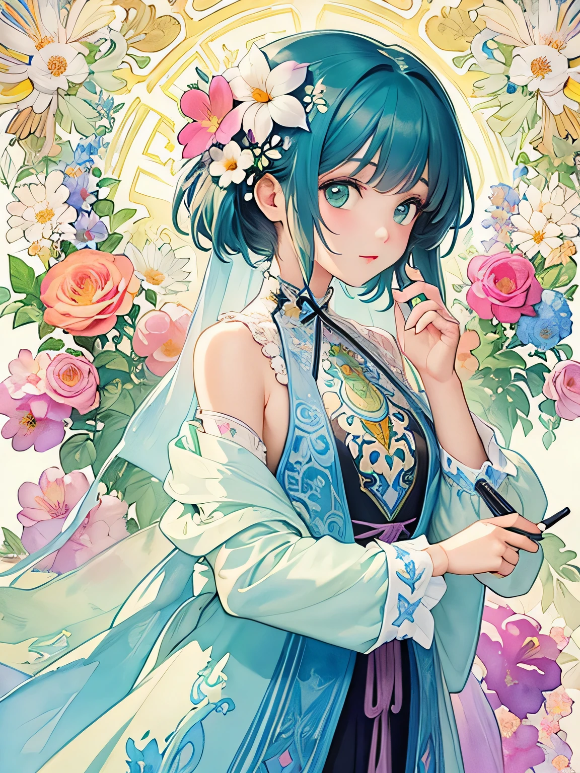 Alphonse Mucha Style、(((stylish fashion))), 8K Quality、Intense watercolor, Detailed watercolor art, Watercolor splash, Surreal, avant-garde pop art, Beautiful and expressive paintings, Beautiful artwork illustration, Very colorful tones, wonderful, Cool beauty, highest quality、Official Art, Vector art, Stylish design, (((The most beautiful girl))), (((highest quality))), HDR, ((detailed)), (((Doodle Art)), ((masterpiece)), ((Super detailed)), (((Colorful flowers))),(((Stylish))),