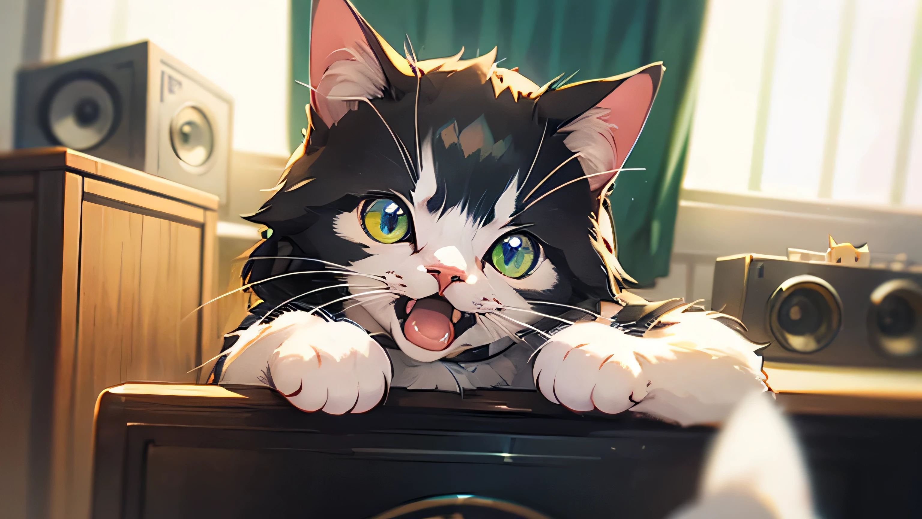 Room with speakers、Real Cat、Upper body close-up、noon、Yawn