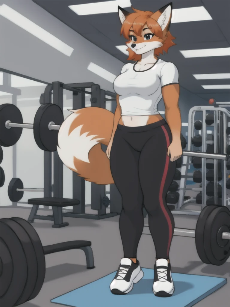 Furry, fox, female, white shirt, black leggings, shoes, gym, teen, full body