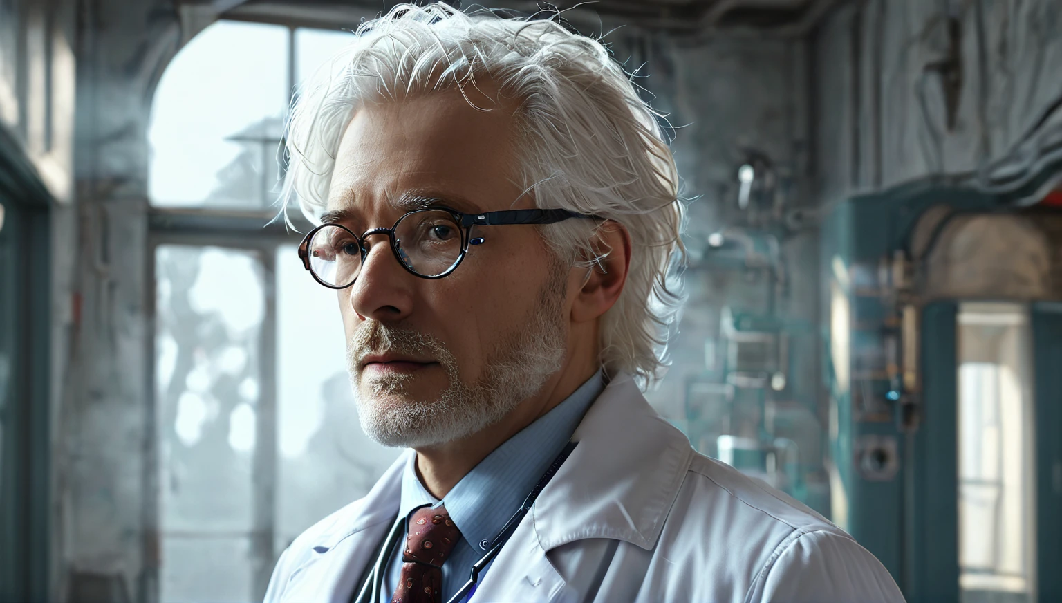 A man in a white coat. He has glasses and white hair, and a stethoscope around his neck. The location is a luxurious room, 4k masterpiece, best quality, (High Definition CG Unity 8k Wallpaper), (Best Quality), (Best Illustration), (Best Shadows), Incredibly Realistic Lighting, (Abyss), Beautiful Glow, Art by Peter Maubacher,