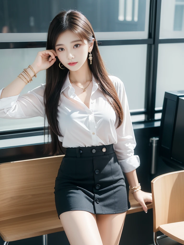 (((Practical photography))),, portrait,Upper body, Korean，(arrogant的臉:1.3),, 1 girl，beautiful girl, arrogant,Sit in a large class chair , (necklace，earrings，bracelet:1.1), Button-down shirt and hip skirt,mini skirt , (cleveage:0.3),, In the CEO&#39;s office, (Environmental details:1.3),, (original photo, CG Unity, photography, ultra Practical details, Clear focus, Delicate skin,4K, high resolution, masterpiece, best quality, Practical, Full of energy:1.2),, (8K,4K, Ultra-high quality, high resolution, professional, Movie-like, , dramatic),（crossed_Legs:1.2）, Detailed office background，