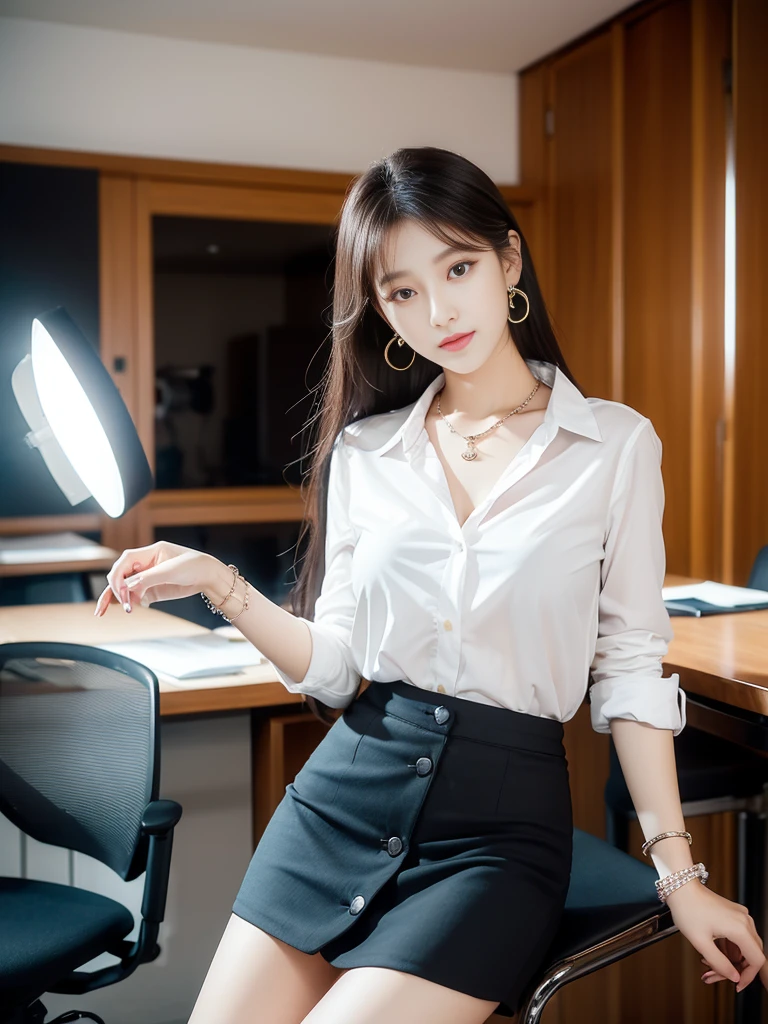 (((Practical photography))),, portrait,Upper body, Korean，(arrogant的臉:1.3),, 1 girl，beautiful girl, arrogant,Sit in a large class chair , (necklace，earrings，bracelet:1.1), Button-down shirt and hip skirt,mini skirt , (cleveage:0.3),, In the CEO&#39;s office, (Environmental details:1.3),, (original photo, CG Unity, photography, ultra Practical details, Clear focus, Delicate skin,4K, high resolution, masterpiece, best quality, Practical, Full of energy:1.2),, (8K,4K, Ultra-high quality, high resolution, professional, Movie-like, , dramatic),（crossed_Legs:1.2）, Detailed office background，