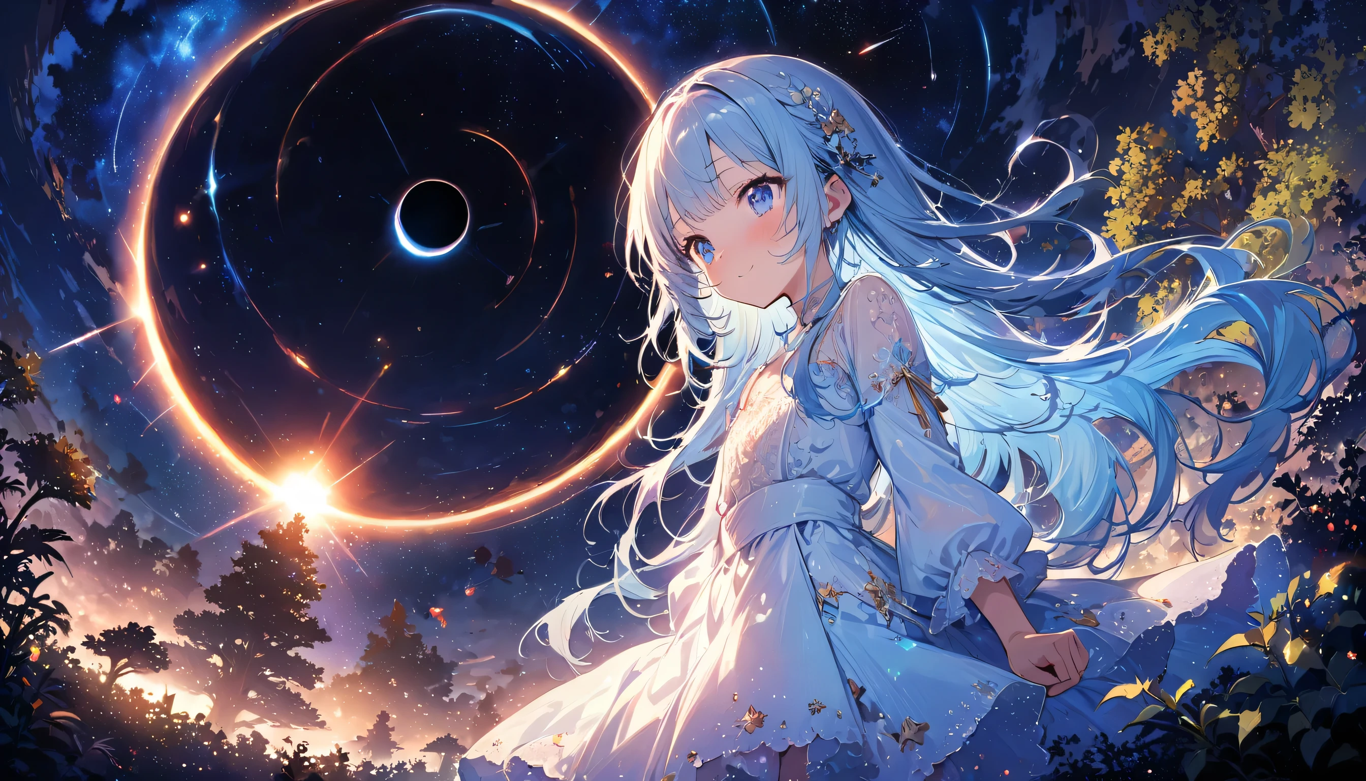 masterpiece, best quality, extremely detailed, (illustration, official art:1.1), 1 girl ,(((( light blue long hair)))), ,(((( light blue long hair)))),light blue hair,loli, long hair ((blush)) , cute face, big eyes, masterpiece, best quality,(((((a very delicate and beautiful girl))))),Amazing,beautiful detailed eyes,blunt bangs((((little delicate girl)))),tareme(true beautiful:1.2), sense of depth,dynamic angle,,,, affectionate smile, (true beautiful:1.2),,(tiny 1girl model:1.2),)(flat chest),masterpiece、((a beauty girl、One-piece high-detail embroidery、Face to shoulder、hair adornments、Twin-tailed))、Background with((Fantastic starry sky、meteors、black hole))、Depth((Mysterious giant tree、Luminescent、plants))、