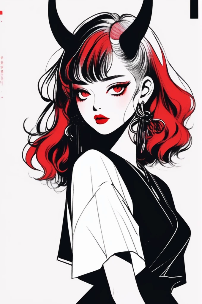 (best quality, sketch:1.2),realistic,illustrator,anime,1 girl with horns, detailed lips,custom, short skirt, black and red gradient background,neon hair,textured cropping, masterpiece, style retro classic, noir style , Japanese style, full body ((monochrome))