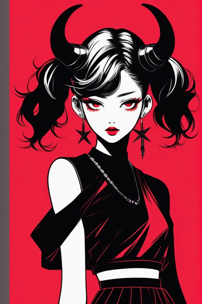 (best quality, sketch:1.2),realistic,illustrator,anime,1 girl with horns, detailed lips,custom, short skirt, black and red gradient background,neon hair,textured cropping, masterpiece, style retro classic, noir style , Japanese style, full body ((monochrome))