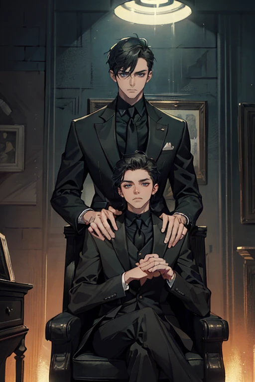 ((One young man with a black suit and tie)), gotham, alejandro, (((side swept dark short hair))), (dark green eyes and thick eyebrows), smirk, ((20 years old)), ((masterpiece)), posture dynamic, ((cinematic lighting)), (height tall around 5 foot 6), sitting on the chair