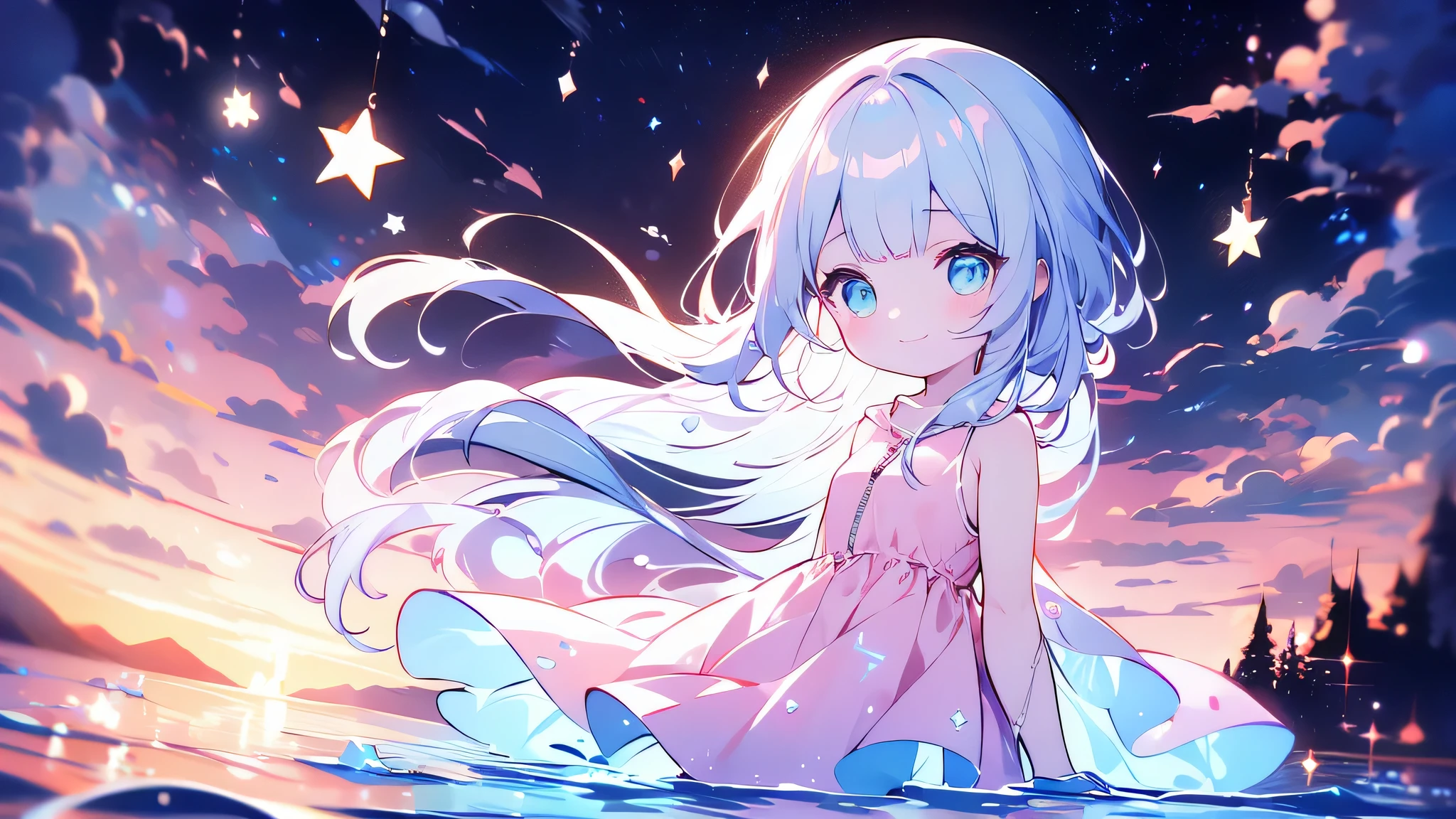 masterpiece, best quality, extremely detailed, (illustration, official art:1.1), 1 girl ,(((( light blue long hair)))), ,(((( light blue long hair)))),light blue hair,, long hair ((blush)) , cute face, big eyes, masterpiece, best quality,(((((a very delicate and beautiful girl))))),Amazing,beautiful detailed eyes,blunt bangs((((little delicate girl)))),tareme(true beautiful:1.2), sense of depth,dynamic angle,,,, affectionate smile, (true beautiful:1.2),,(tiny 1girl model:1.2),)(flat chest), xcdd, dress, wading, star, water, sky, night, glowing, sparkle, star, night sky, backlighting, light particles, floating hair, Kairi, long hair, short pink dress, zipper, short hair, pink hoodie, black skirt,, absurdres, ultra detailed, masterpiece, best quality, aesthetic, detailed,