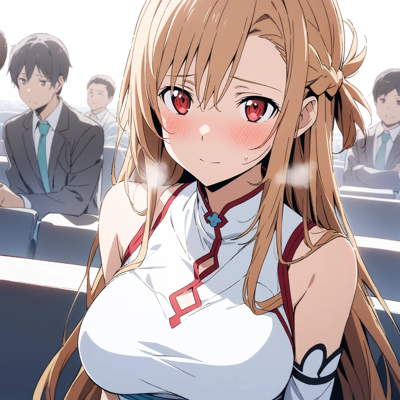 1girl, Asuna,Sword Art Online,alone, audience, pure white background, blushing, red eyes, breathing, avatar, half body, comic style colorless, angle, masterpiece, best quality,
