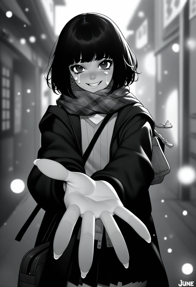 masterpiece, best quality, 1girl, jjune, grayscale, manga style, japanese, chi no wadachi, black eyes, street, iced, black hair, schoolbag, smile, lineart, black coat, black scarf, black pleated skirt, leggins, centered, 18 years old, tall, fair skinned, bokeh background, crying, tears, tears streaming, bob cut, light particles, centered, snowing, (((reaching out a hand to viewer, perfect hand, detailed hand:1.1))