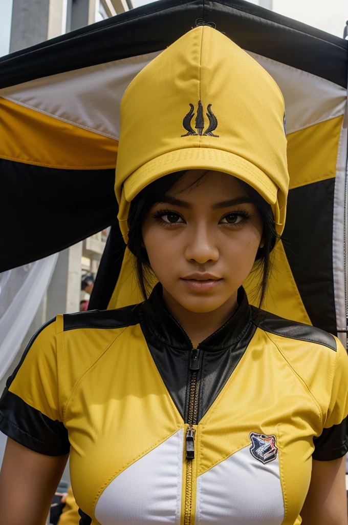 GAMBARKAN BENDERA SUPORTER, WARNA KUNING, LAMBANG KILAT, ELEMEN API, NAMA "ELKTRONIKA"