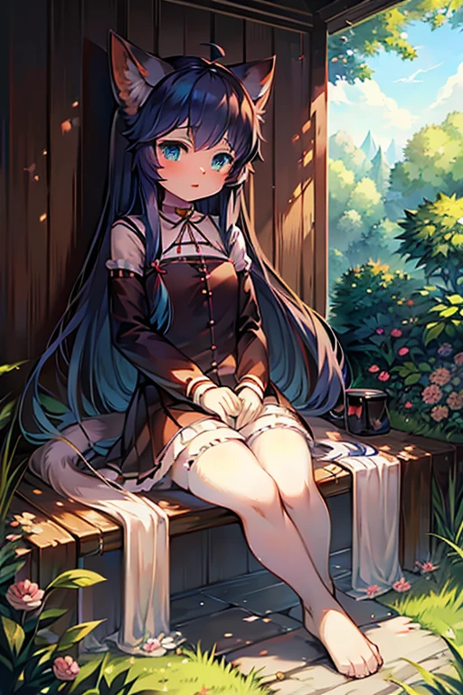 anime cat sitting on the grass with blue eyes and long hair, cute anime catgirl, anime look of a cute cat, anime cat, cute anime cat girl, neferpitou, very beautiful anime cat, realistic anime cat, sora as a cat, anime catgirl, cute detailed digital art, trends on artstation pixiv, dos arknights