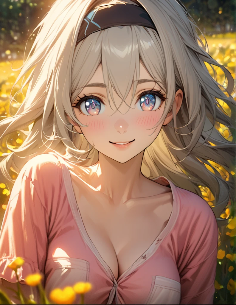 beautiful girl, long grey hair, beautiful face,smiling,close up to hips, beautiful breast, in the middle of flowers field, (open mouth:0.4),illustration,detailed textures(realists),ultra-detailed,portrait style,vivid colors,soft lighting, blushing, mature, hair fluttering, evening light , head band, ((half body)), cleavage, wearing casual pajamas, perky. ((side profile until hips))