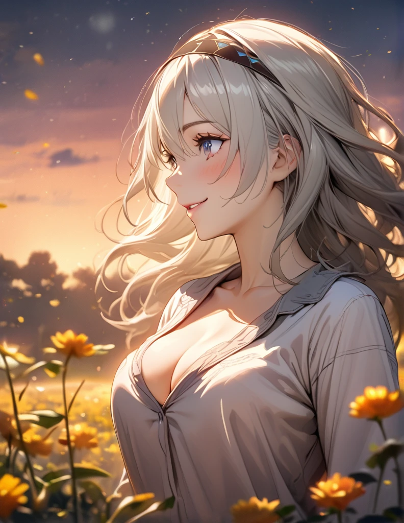 beautiful girl, long grey hair, beautiful face,smiling,close up to hips, beautiful breast, in the middle of flowers field, (open mouth:0.4),illustration,detailed textures(realists),ultra-detailed,portrait style,vivid colors,soft lighting, blushing, mature, hair fluttering, evening light , head band, ((half body)),  cleavage, wearing casual pajamas, perky. ((side profile until hips))