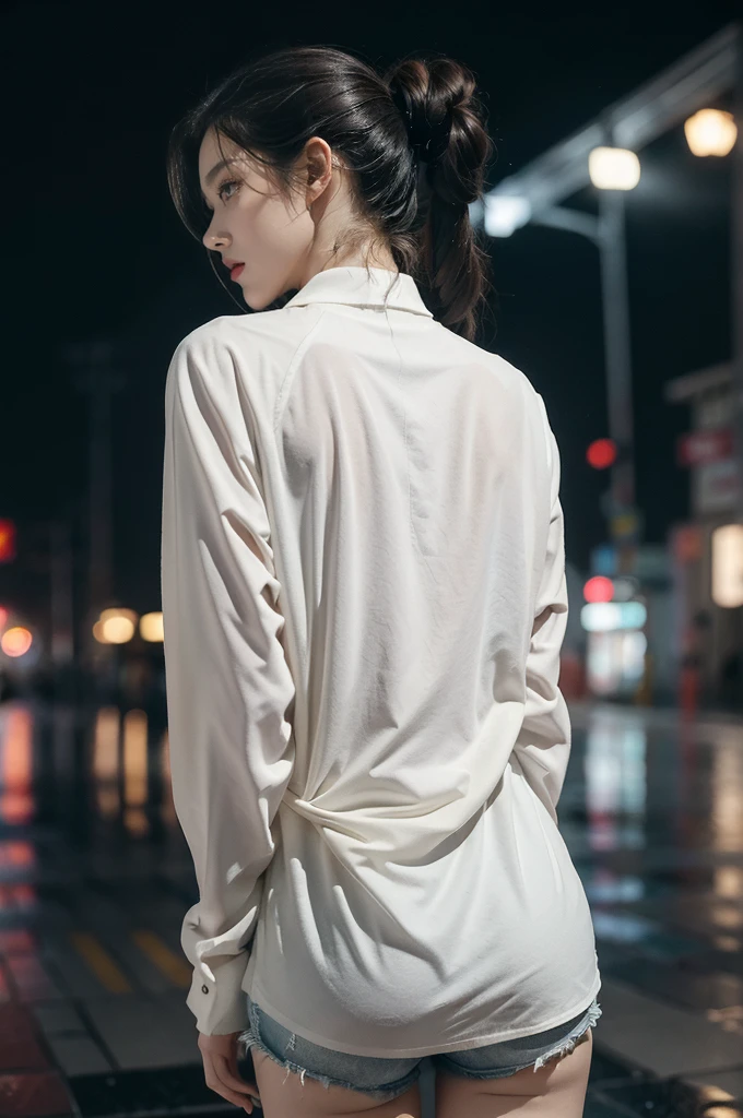 (((best quality))),(((ultra detailed))),(((masterpiece))),illustration,1girl, young,solo, slim,thin,short ponytail,((bare back,towering hips,butt crack)),white collared shirt,shorts,standing,rainy night, heavy rain, drenched clothes, melancholy expression, solitude, tear rolling down cheek, wet hair, empty streets, dimly lit, deserted environment, sound of rain, footsteps, symbol of hope, abandoned, resilience, determination, walking in rain, heartbreak, loss, love fading, loneliness, body language, facial expression, dreary atmosphere, rain-soaked streets, somber mood, viewer engagement,((upper body,from back))