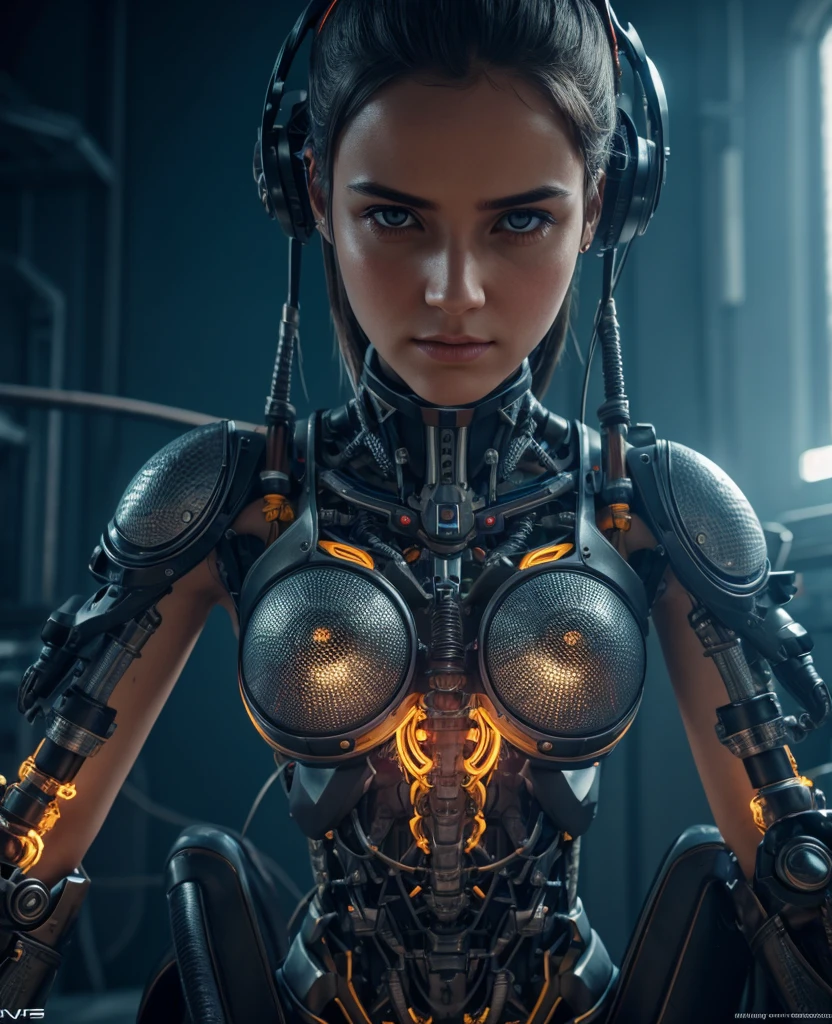 1mechanical girl,((ultra realistic details)), portrait, global illumination, shadows, octane render, 8k, ultra sharp,metal,intricate, ornaments detailed, cold colors, egypician detail, highly intricate details, realistic light, trending on cgsociety, glowing eyes, facing camera, neon details, machanical limbs, vessels connected to tubes,mechanical vertebra attaching to back,mechanical cervial attaching to neck,sitting,wires and cables connecting to head