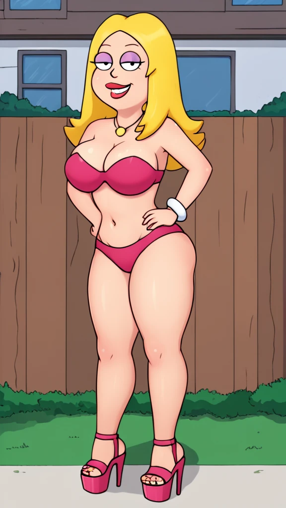 francine, flat color, blonde hair, 1girl, long hair, white braclet, extra large breasts, solo, necklace, cleavage, tight strapless pink bikini, red lips, standing, looking at viewer, outdoors, full-body, smile, open-toe platform high heels, thick thighs