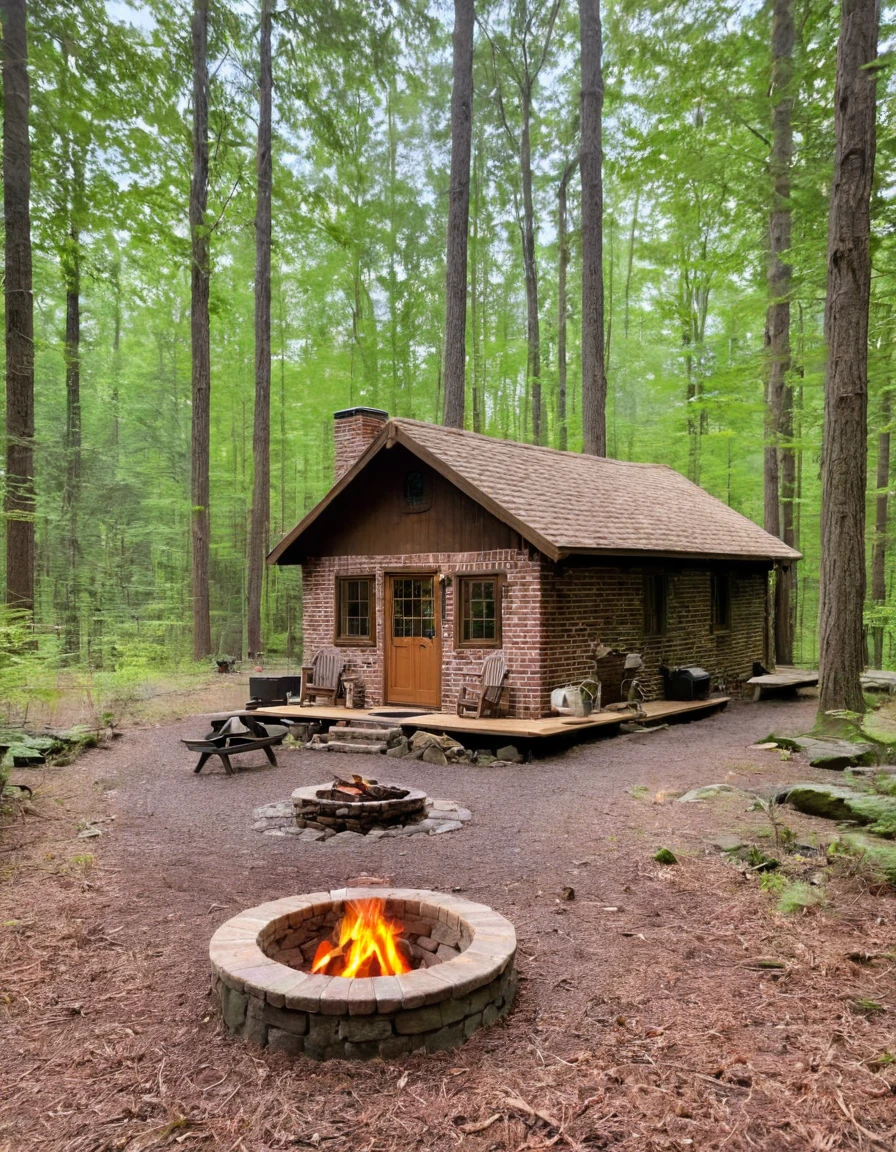 a small cabin with a fire pit in the woods, cottagecore, cottagecore hippie, cottagecore!!, cottage in the woods, cozy place, cottage in the forest, cabin in the woods, house in forest, nestled in a forest, cozy setting, cottage hippie naturalist, a brick cabin in the woods, cozy environment