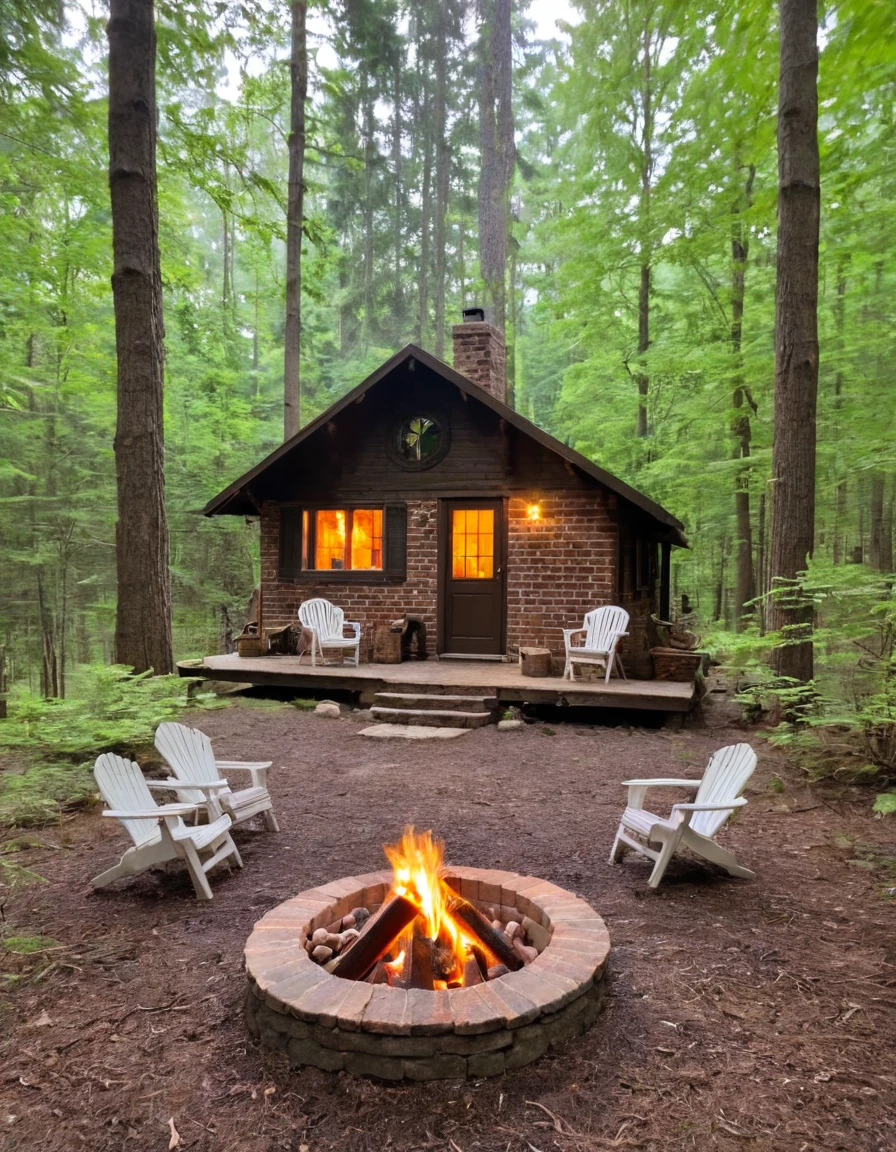 a small cabin with a fire pit in the woods, cottagecore, cottagecore hippie, cottagecore!!, cottage in the woods, cozy place, cottage in the forest, cabin in the woods, house in forest, nestled in a forest, cozy setting, cottage hippie naturalist, a brick cabin in the woods, cozy environment