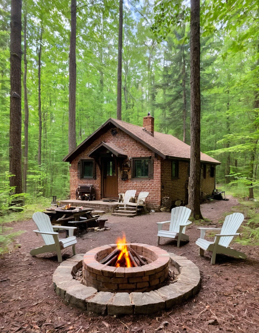 a small cabin with a fire pit in the woods, cottagecore, cottagecore hippie, cottagecore!!, cottage in the woods, cozy place, cottage in the forest, cabin in the woods, house in forest, nestled in a forest, cozy setting, cottage hippie naturalist, a brick cabin in the woods, cozy environment