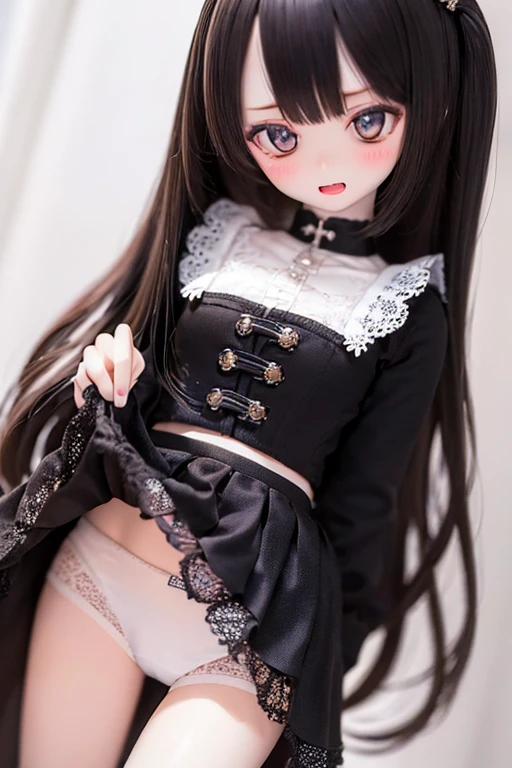 ((highest quality)), ((masterpiece)), (extremely detailed), kukolnydom, doll, mature woman, solo, standing, cowboy shot, embarrassed, open mouth, black hair, long hair, skirt lift, white panties, 8k