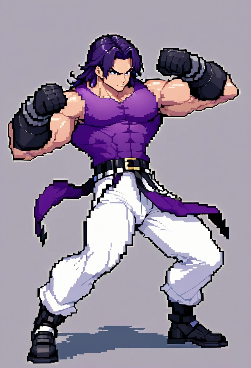 A pixel art image depicts a muscular man with dark purple hair in a fighting stance. He is seen wearing black gloves, a black belt, white pants, and black wrist guards with finger guards. His upper arms are curved, and his thumbs appear to be placed on his belt. The character's muscular physique is prominent, with visible muscle lines, and he stands with one leg bent and the other slightly retracted, suggesting a combat-ready posture.--ar 5:8 --s 750 --niji 6