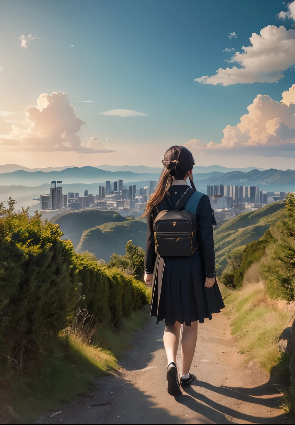 top of the hill,Wind,(Highly detailed CG Unity 8k wallpaper), The most beautiful works of art in the world,Professional majestic oil painting,Complex, High detail, Sharp focus, dramatic, Photorealistic pictorial art，modern art，Japanese ，In uniform，Back view of a high school girl looking at the hill,Beautiful Hair、I can&#39;t see your face、Distant figure