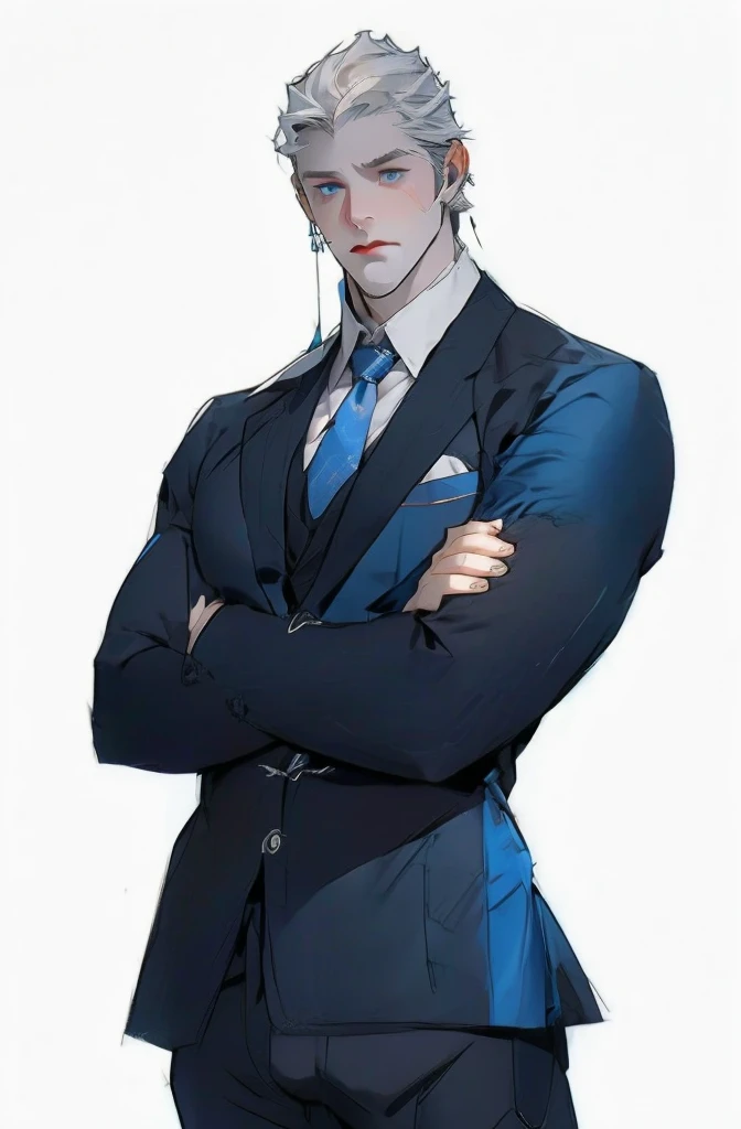 Drawing of a young Chad, Dark blue suit,tie, White shirt,Pants,入耳式earphone,earphone, Looking at the camera, male,Silver short hair,Blue Eyeuscle,bodyguard,Light and Shadow,(Luminescence:1.5)