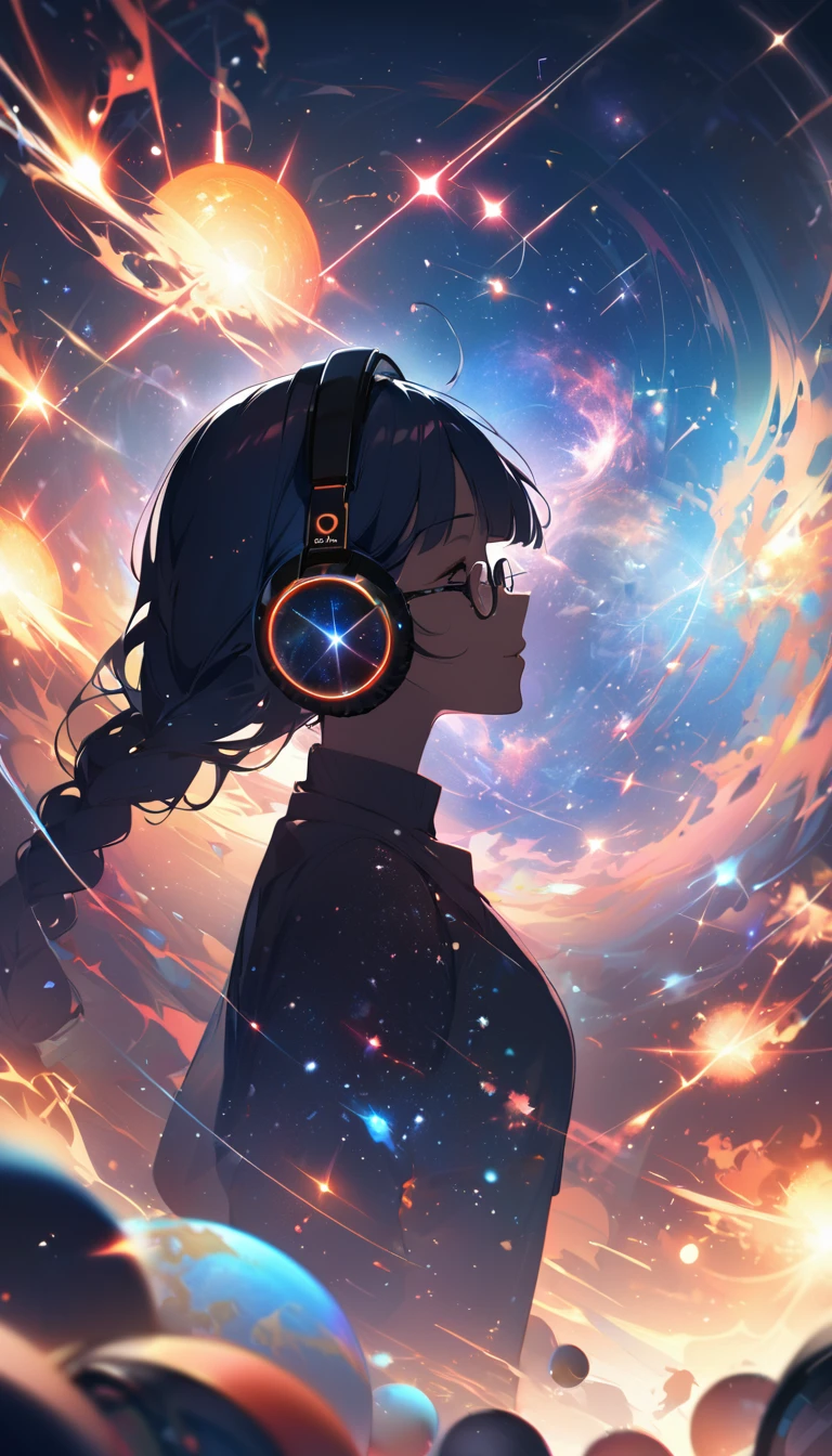 silhouette of a woman in profile.(Long braided hair:1.3), blunt bangs, (((underrim glasses:1.3))), (headphones:1.3), Inside the silhouette you can see the double exposure with a deep space, universe, supernova explosion, masterpiece, ((double exposure)), proportional.,DOUBLE EXPOSURE