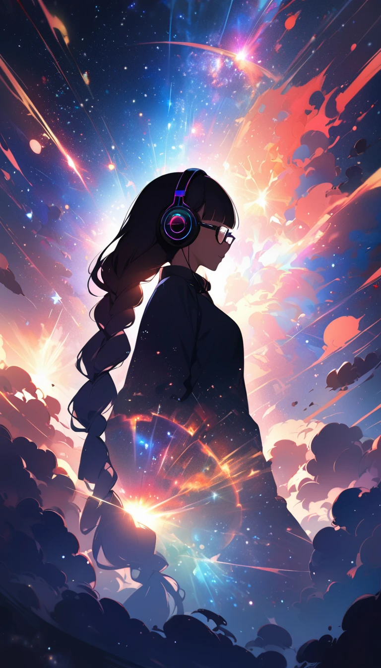 silhouette of a woman in profile.(Long braided hair:1.3), blunt bangs, (((underrim glasses:1.3))), (headphones:1.3), Inside the silhouette you can see the double exposure with a deep space, universe, supernova explosion, masterpiece, ((double exposure)), proportional.,DOUBLE EXPOSURE

