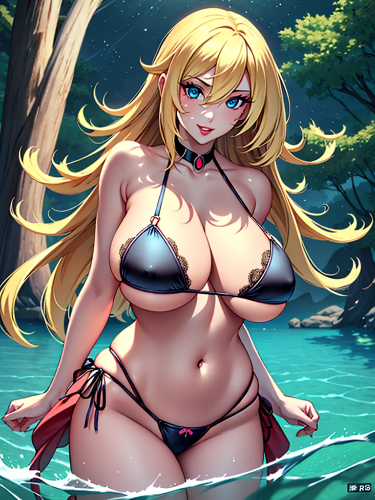 1 girl, (long hair), blonder hair, blue eyes, hair ornament, earrings, (black bikini), (solo), anime, anime girl, (trees), beautiful, highly detailed, perfect face, high resolution, more prism, (vibrant color), professional artwork, best shadow, (solo), (best quality), ultra-detailed, best illustration, high res, professional artwork, best shadow, (perfect eyes), heavy makeup, red lipstick, good hands, perfect hands, perfect body, (((masterpiece))), (best quality), ultra-detailed, cloud, volumetric lighting, best quality, intricate details, sharp focus, hyper detailed, (((large breasts))), (((giant breasts))), (((big breasts))), (((very big breasts))), ((lush breasts)), beautiful detailed body, detailed eyes, happy, (((adult milf face))), milf, mature body, smile,(high quality), ((sexy pose)), normal butt, normal hips, ((looking at viewer)), ((flirtatious look)), sexy eyes, ((((in the water)))).