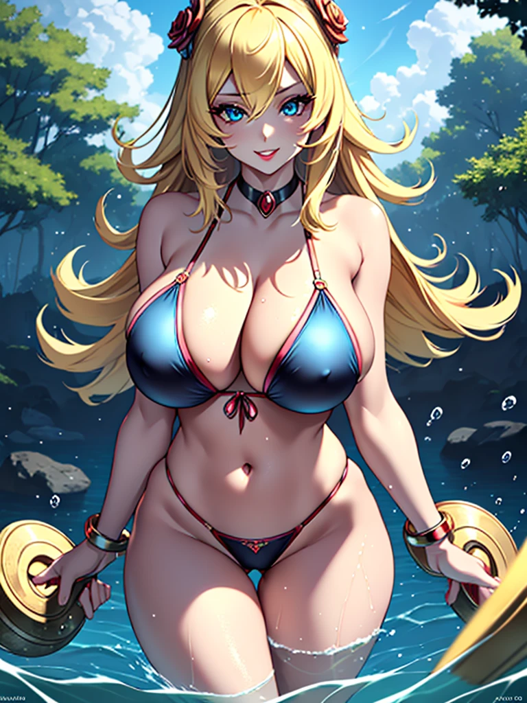 1 girl, (long hair), blonder hair, blue eyes, hair ornament, earrings, (black bikini), (solo), anime, anime girl, (trees), beautiful, highly detailed, perfect face, high resolution, more prism, (vibrant color), professional artwork, best shadow, (solo), (best quality), ultra-detailed, best illustration, high res, professional artwork, best shadow, (perfect eyes), heavy makeup, red lipstick, good hands, perfect hands, perfect body, (((masterpiece))), (best quality), ultra-detailed, cloud, volumetric lighting, best quality, intricate details, sharp focus, hyper detailed, (((large breasts))), (((giant breasts))), (((big breasts))), (((very big breasts))), ((lush breasts)), beautiful detailed body, detailed eyes, happy, (((adult milf face))), milf, mature body, smile,(high quality), ((sexy pose)), normal butt, normal hips, ((looking at viewer)), ((flirtatious look)), sexy eyes, ((((in the water)))).