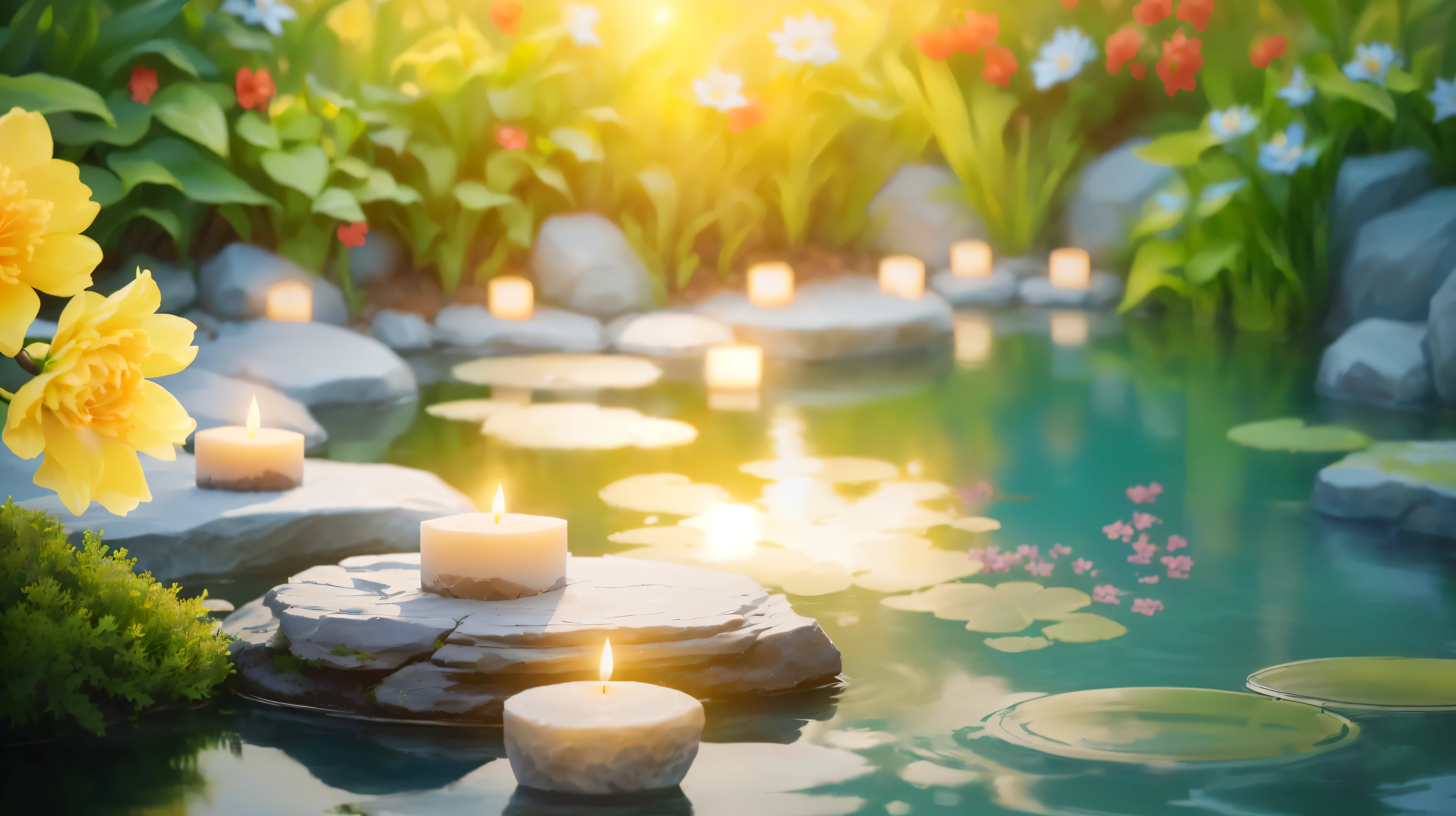 Candles are lit on a rock in a pond with flowers, floating Candles, Peaceful atmosphere, Candles in foreground, Relaxed atmosphere, Calm evening atmosphere, Floating light, Beautifully illuminated, Small wellness relaxation pool, lit Candles, Water reflecting the sunlight, Warm and fun atmosphere, Shutterstock, Beautiful environment, Candles, Relaxing environment, lit with Candles, glowing Candles, Summer setting