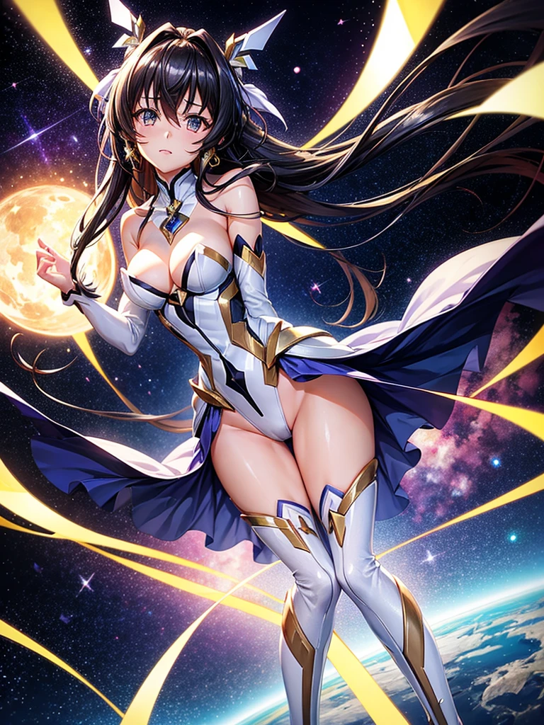 Highest quality,Highest Resolution,A beautiful girl in a metallic high-leg outfit, like Tsubasa Kazanari from Symphogear,Earth Behind,universe,Milky Way,Black Hair,