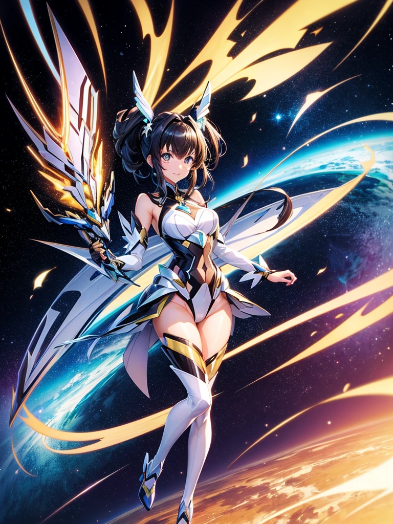 Highest quality,Highest Resolution,A beautiful girl in a metallic high-leg outfit, like Tsubasa Kazanari from Symphogear,Earth Behind,universe,Milky Way,Black Hair,