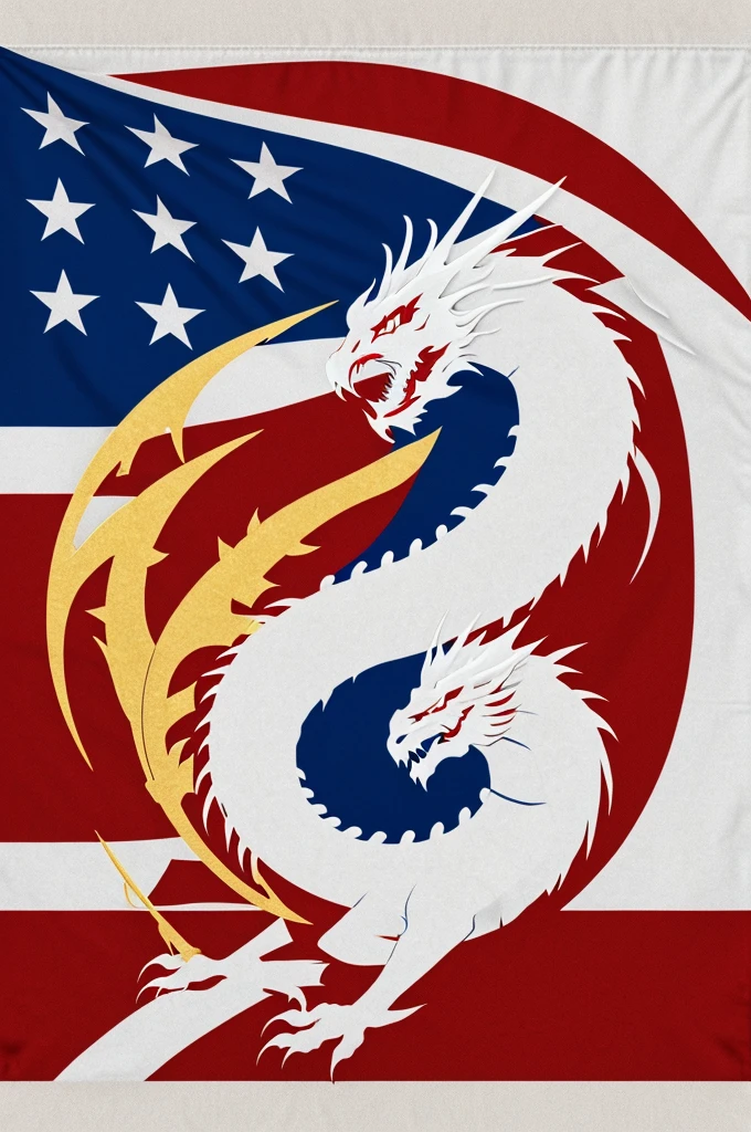 Image of a flag with a white and red dragon that says the word "Golden Sun"