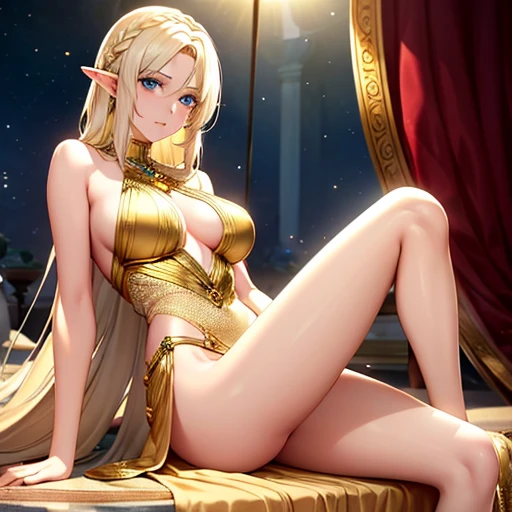 The elf is very beautiful, her body is slim and toned, His skin and hair are white with gold tones., His eyes are golden with a beautiful shine., his countenance is very attractive, her hair short but well combed, Her legs are slim and toned and her hands look very delicate both physically and mentally.. And he is tremendously happy