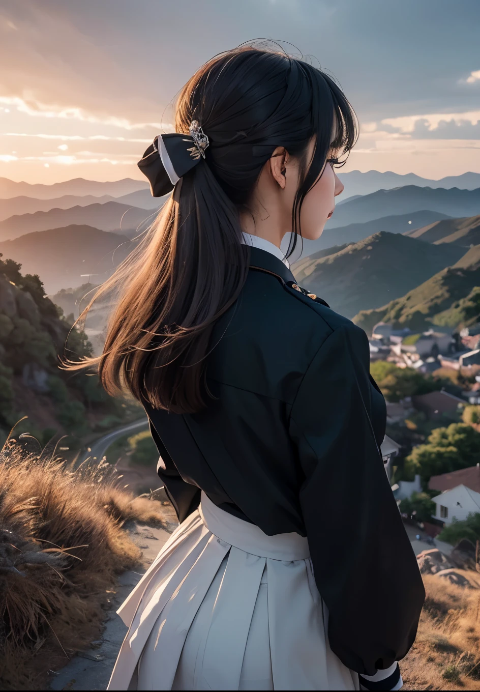 top of the hill,Wind,(Highly detailed CG Unity 8k wallpaper), The most beautiful works of art in the world,Professional majestic oil painting,Complex, High detail, Sharp focus, dramatic, Photorealistic pictorial art,modern art,Japanese ,In uniform,Back view of a high school girl looking at the hill,Beautiful Hair、I can't see your face、Distant figure