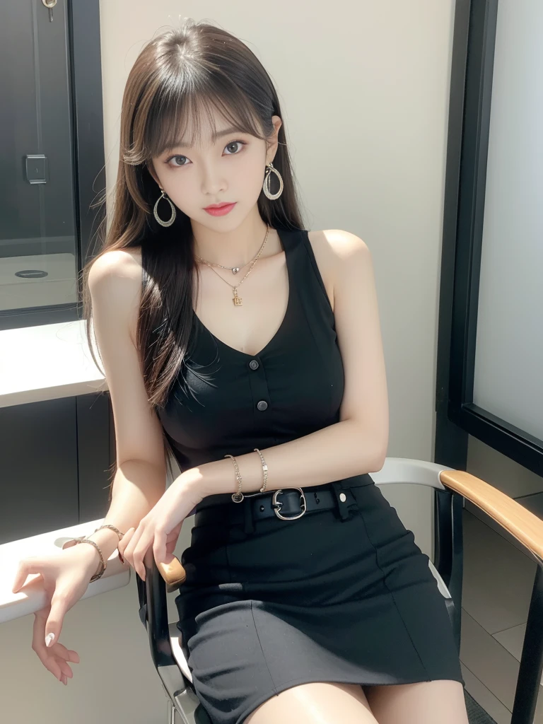 (((Practical photography))),, portrait,Upper body, Korean，(arrogant的臉:1.3),, 1 girl，beautiful girl, arrogant,Sit in a large class chair , (necklace，earrings，bracelet:1.1), Sleeveless shirt，Button-down shirt and hip skirt,mini skirt , (cleveage:0.3),, In the CEO&#39;s office, (Environmental details:1.3),, (original photo, CG Unity, photography, ultra Practical details, Clear focus, Delicate skin,4K, high resolution, masterpiece, best quality, Practical, Full of energy:1.2),, (8K,4K, Ultra-high quality, high resolution, professional, Movie-like, , dramatic),（crossed_Legs:1.2）, Detailed office background，