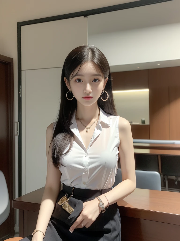 (((Practical photography))),, portrait,Upper body, Korean,(arrogant的臉:1.3),, 1 girl,beautiful girl, arrogant,Sit in a large class chair , (necklace,earrings,bracelet:1.1), Sleeveless shirt,Button-down shirt and hip skirt,mini skirt , (cleveage:0.3),, In the CEO's office, (Environmental details:1.3),, (original photo, CG Unity, photography, ultra Practical details, Clear focus, Delicate skin,4K, high resolution, masterpiece, best quality, Practical, Full of energy:1.2),, (8K,4K, Ultra-high quality, high resolution, professional, Movie-like, , dramatic),(crossed_Legs:1.2), Detailed office background,