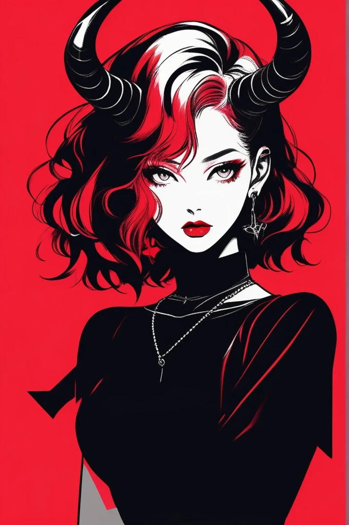 (best quality, sketch:1.2),realistic,illustrator,anime,1 girl with horns, detailed lips,custom, short skirt, black and red gradient background,neon hair,textured cropping, masterpiece, style retro classic, noir style , Japanese style, full body ((monochrome))