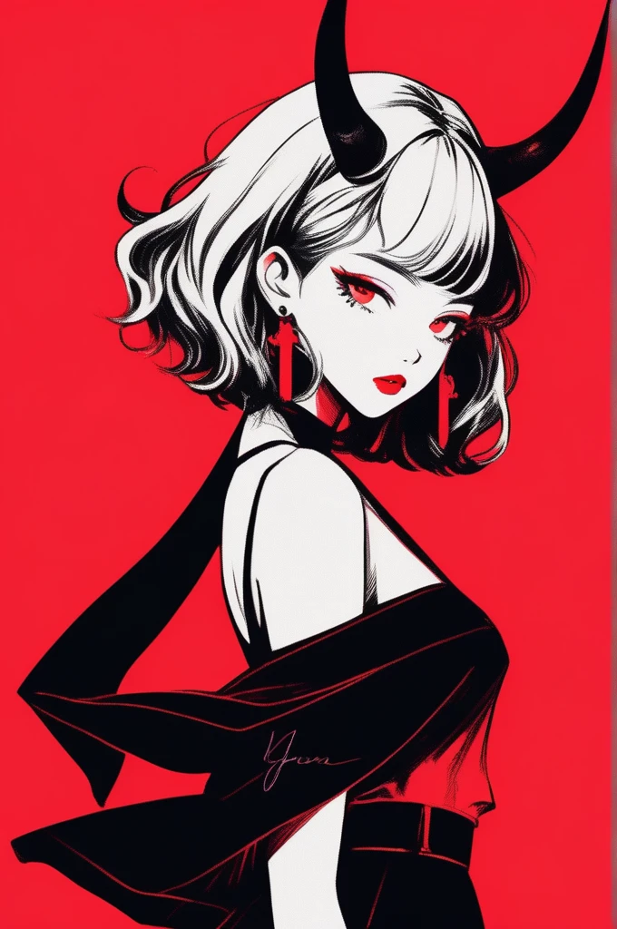 (best quality, sketch:1.2),realistic,illustrator,anime,1 girl with horns, detailed lips,custom, short skirt, black and red gradient background,neon hair,textured cropping, masterpiece, style retro classic, noir style , Japanese style, full body ((monochrome))