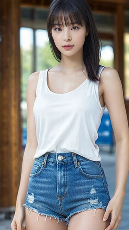 (masterpiece, Highest quality:1.2), One girl, alone, Are standing_Split, Long Hair, White sleeveless tank top, blue denim tanding on one leg, masterpiece, anatomically correct, textured skin, high details, best quality, 16k