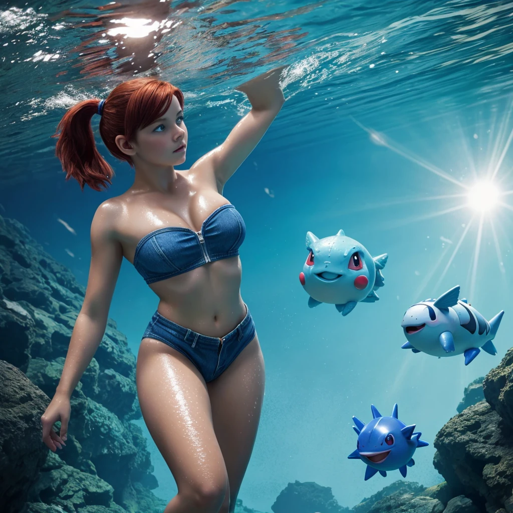 A beautiful, detailed scene of full body, big butt and tiny breasts, upper torso turn, small white strapless top covering only the top part of the breasts, lower part of breats visible, navel and waist visible, tiny blue denim shorts with zipper open, swimming, beautyfull long legs, opened, bare feet, hands up, black suspenders from shorts, short red hair in two short pigtails, realistic blue eyes, perfect face, view from down, under water, 1 girl, beautiful detailed eyes, , puffed cheeks, detailed lips sending kiss to cam, some burbbles, many pokeballs float, pokemon starmie and blastoise swimming on background, wet clothes, hair agitated by water, photorealistic, high quality, masterpiece, ultra-detailed, cinematic lighting, cold color palette, fantastic, realistic style