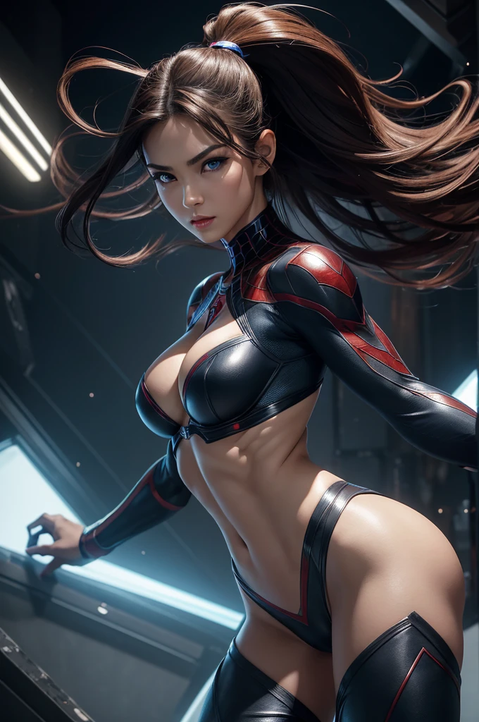 8K,spider girl,super beauty(Like the real thing),spider man costume,blue colored eyes,Flexible physical capacity,Perfect Anatomia,charme,Volume measurement,body balance,super realisitic 肌,Single Lens Reflex Digital Camera, soft lighting, detailed back ground, Written limit depth, breasts small、volumetric lighting, sharp focus, absurdrez, realisitic proportions, excellent anatomy, (realisitic, 超realisitic:1.4), 16KHD, dawn,A high resolution,super realisitic 肌,super beautiful expression,Fantasyart,character art,wind effects:1.9、Cloud Effect:1.2、Full rendering、High resolution with professional quality、perfect contrast、perfect lighting、perfect composition、perfect skin、perfect toes、perfect shaped breasts、perfect hair、face perfect、realisitic facial features,super highest quality,slender figure,Perfect body line,perfect hand shape,Anatomical balance of the body,high-detailed face,highly-detailed eyes,beautiful lips,Excellent light particles,cinema lighting,make up,ultra-high resolution,Ultra-realisitic Skin,Close-up of the Warrior Princess,Sexy and dynamic pose,Hard and strong abs,make up,Rubber Fantasy,Throw away the thread,