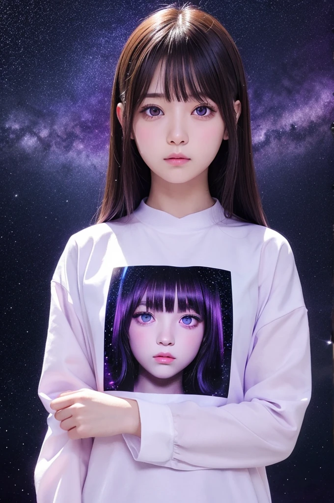 girl,purple 髪,Purple eyes,Expressionless,（Black cutter shirt）,Background starry sky,